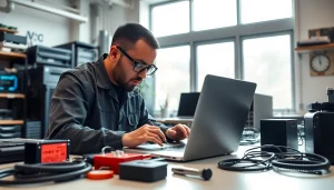 Riparazione pc Torino con un tecnico esperto in un laboratorio moderno.