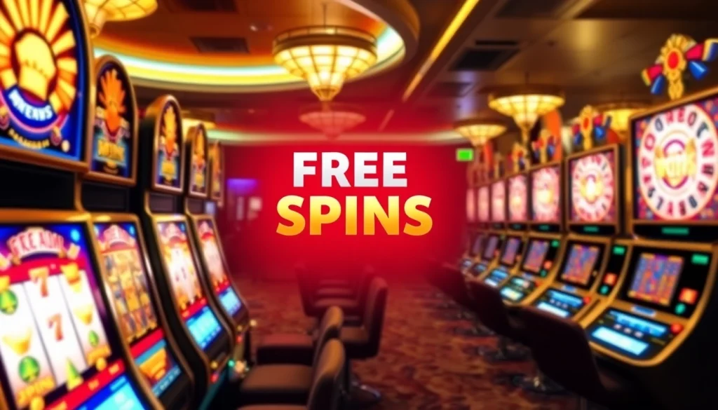 Spin the reels with exciting free spins bonuses at top casinos, surrounded by vibrant slot machines.