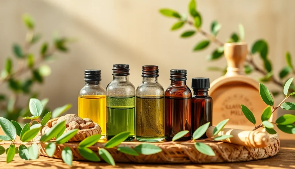 Discover essential oil benefits through beautifully arranged glass bottles in a serene natural setting.