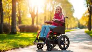Electric wheelchair enabling mobility for individuals in a vibrant park setting.