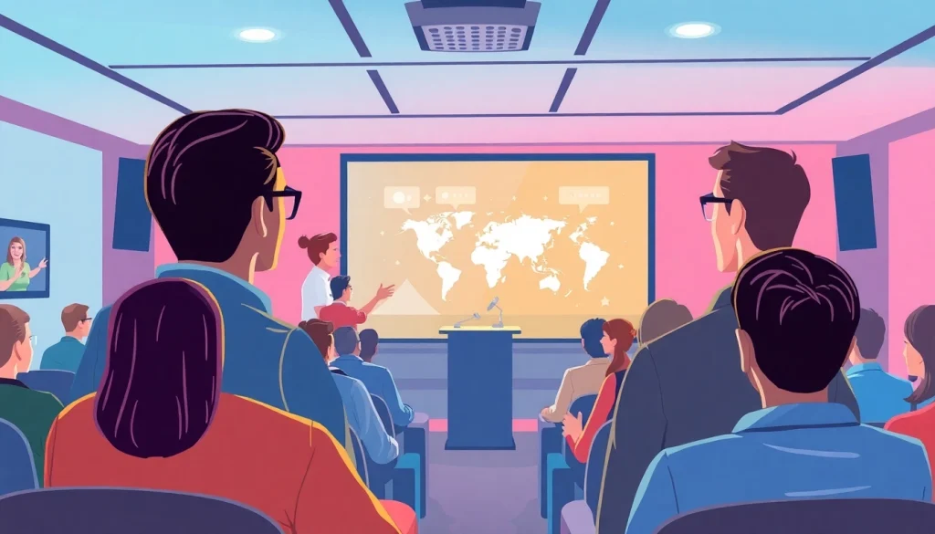Virtual Audience System engaging speakers interactively connecting with a diverse virtual audience in a vibrant setting.