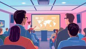 Virtual Audience System engaging speakers interactively connecting with a diverse virtual audience in a vibrant setting.
