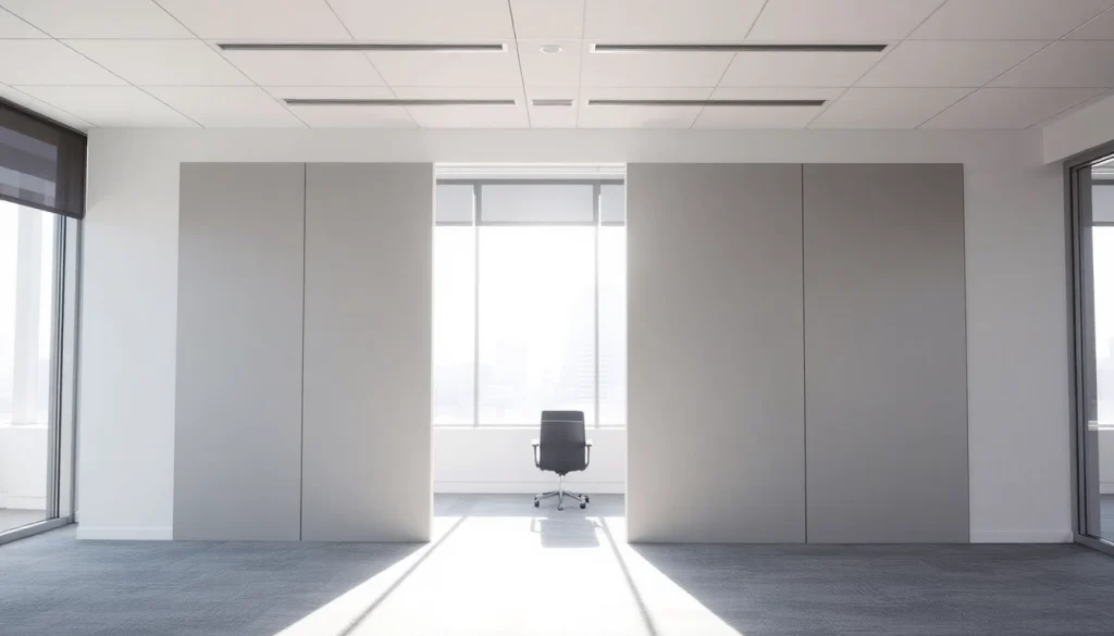 Showcase a Folding Partition Wall that elegantly divides a professional workspace, enhancing flexibility and style.