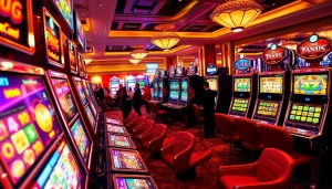 Slot demo menampilkan mesin slot yang cerah dan menarik di kasino yang ramai.
