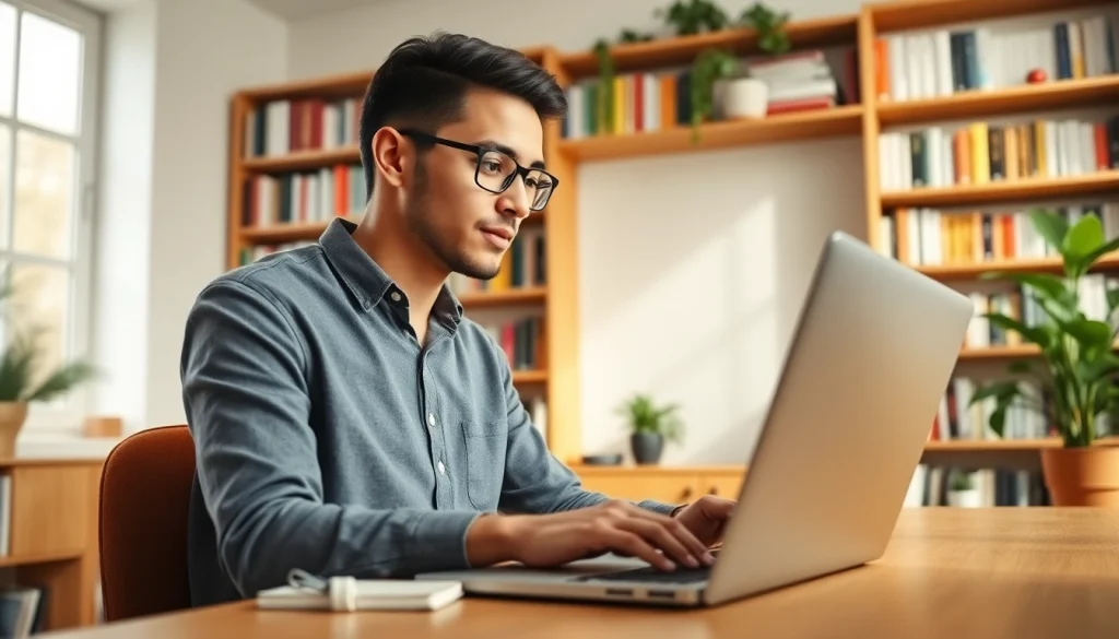 Engaged student pursuing online university degrees from UK in a home office.