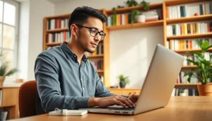 Engaged student pursuing online university degrees from UK in a home office.
