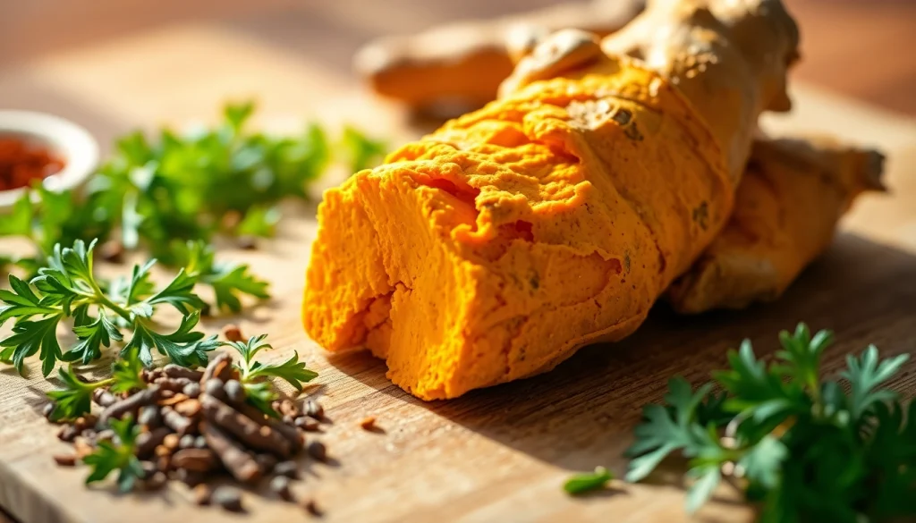 Explore turmeric root's vibrant texture and colors in a fresh culinary setting.