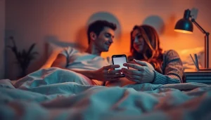 Engaging in dirty chat, a couple shares intimate moments in a cozy bedroom.