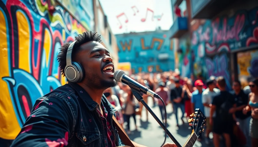Independent Artist performing energetically in a vibrant urban setting, surrounded by colorful art.