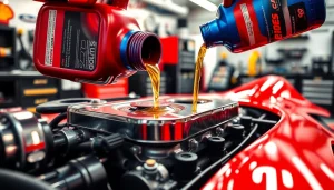 Pouring racing car oil into a high-performance engine, emphasizing precision and performance.