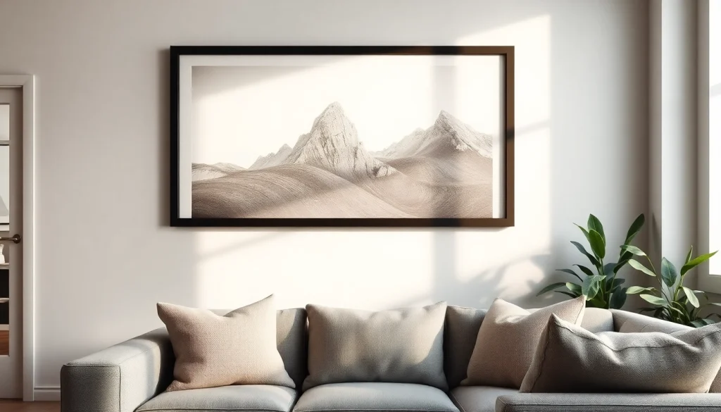 Showcase a 36x48 frame featuring exquisite artwork in a stylish living room setting.
