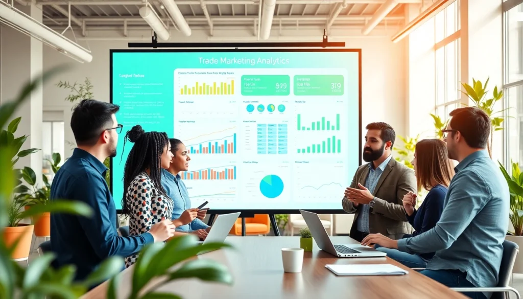 Effective trade marketing strategies discussed by a diverse team in a bright office setting.