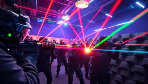 Players engaging in an exciting laser tag match in a vibrant indoor arena.