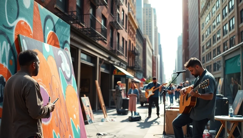 Emerging artists in Chicago create art in a vibrant street scene filled with energy and creativity.