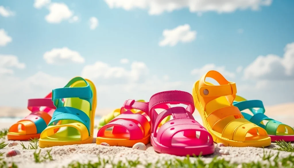 Entdecken Sie hochwertige Kindersandalen in lebhaften Farben auf einem sonnigen Strand.