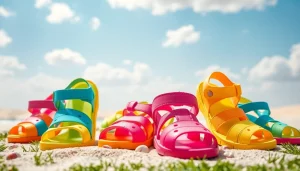 Entdecken Sie hochwertige Kindersandalen in lebhaften Farben auf einem sonnigen Strand.