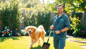 Dog clean up service technician removing waste while a dog plays in a bright garden.