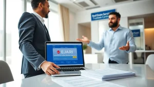 Discussing ejari cancellation documents at a Real Estate Services Centre in Dubai.