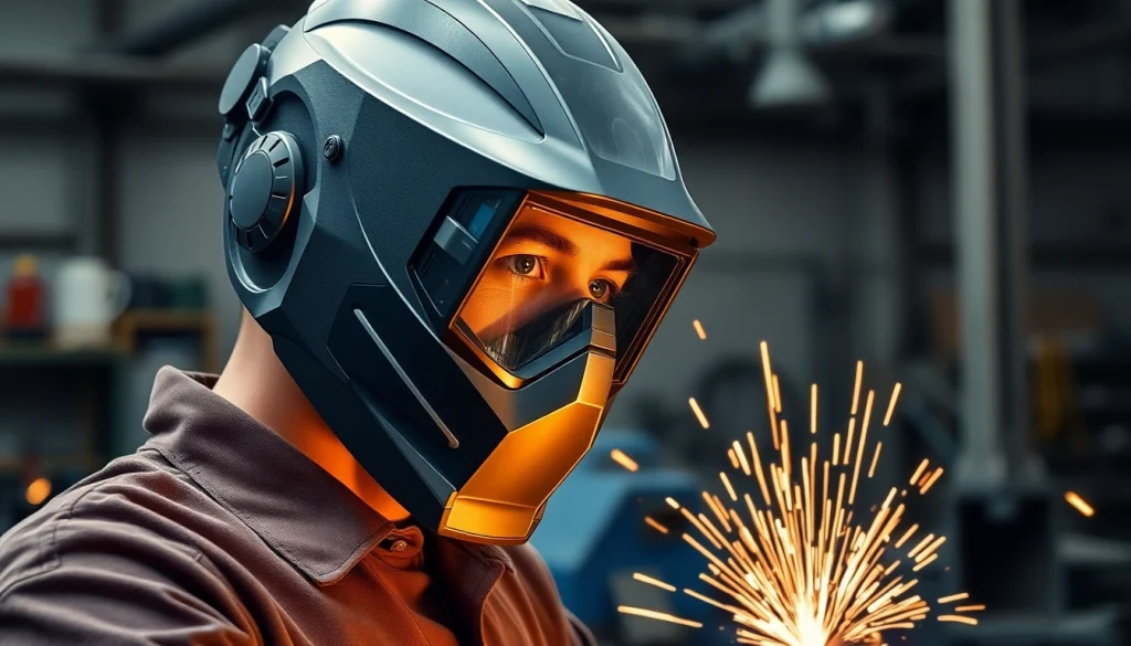 Welder using a welding mask with a clear viewing screen in a workshop setting