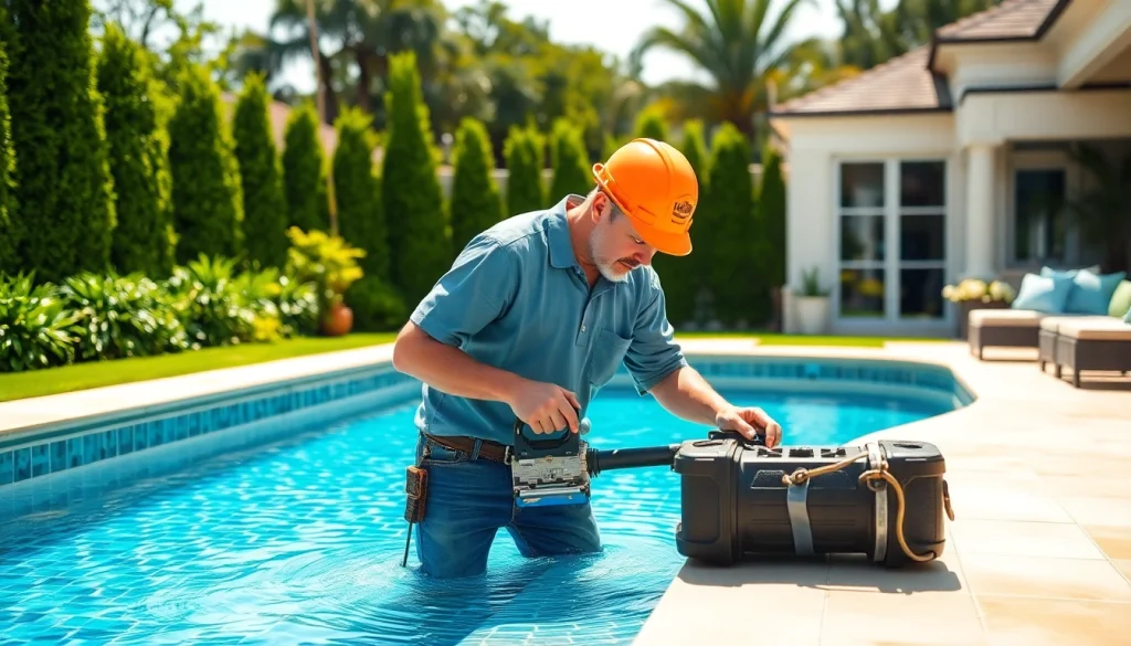 Swimming pool builder constructing a luxury pool in a residential backyard with beautiful landscaping.