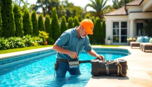 Swimming pool builder constructing a luxury pool in a residential backyard with beautiful landscaping.