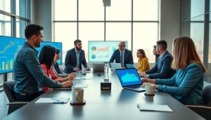 Enhancing trade marketing strategies during a collaborative team meeting in a modern office.