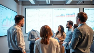 Visualize a professional team conducting a competitor pricing analysis meeting in a vibrant office.