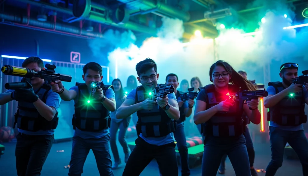 Players enjoying an engaging laser tag match in a vibrant, futuristic arena
