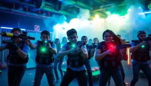 Players enjoying an engaging laser tag match in a vibrant, futuristic arena
