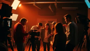 Engaging team working on 홍보영상제작 in a bright, collaborative film studio.