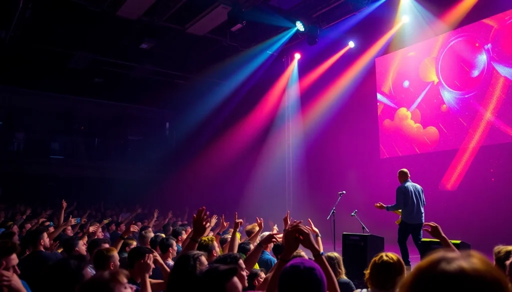 Experience 汽水音乐海外 with a lively concert featuring vibrant lights and an energetic audience.
