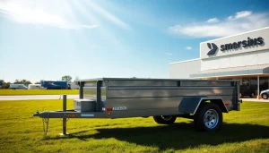 Explore dumpster trailers for sale showcasing durability and functionality in a dealership setting.
