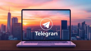 Download the telegram下载电脑版 app on your laptop with an inviting cityscape backdrop.