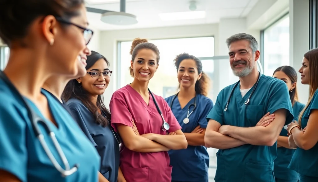 Nurses discussing nursing career pathways in a modern hospital, showcasing collaboration and professional growth.