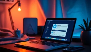 Using telegram下载电脑版 on a sleek laptop, highlighting the app's interface in a creative workspace.