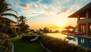 View a stunning tropical pool villa from a Phuket real estate agent with shimmering waters and lush greenery.