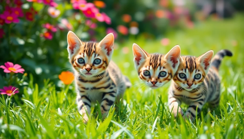 Playful Bengal Kittens for Sale in a vibrant garden setting.