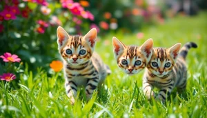 Playful Bengal Kittens for Sale in a vibrant garden setting.
