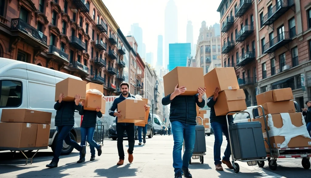 Best movers nyc team efficiently moving boxes in a busy New York City neighborhood.