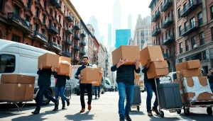 Best movers nyc team efficiently moving boxes in a busy New York City neighborhood.