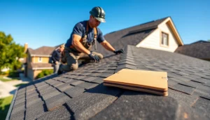 Install asphalt shingle roofing Texas with a skilled roofer in action on a sunny suburban home.