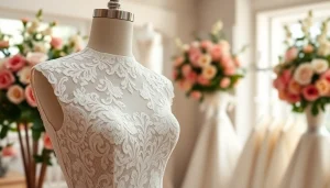 Showcase of intricate Lace Wedding Dresses in a beautifully lit bridal boutique.