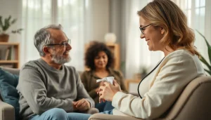 A therapist assisting someone dealing with grief in a comforting therapy room, emphasizing emotional support.