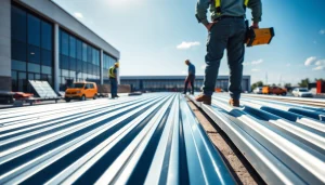 Showcasing commercial metal roofing installation with skilled workers and aesthetic panels.