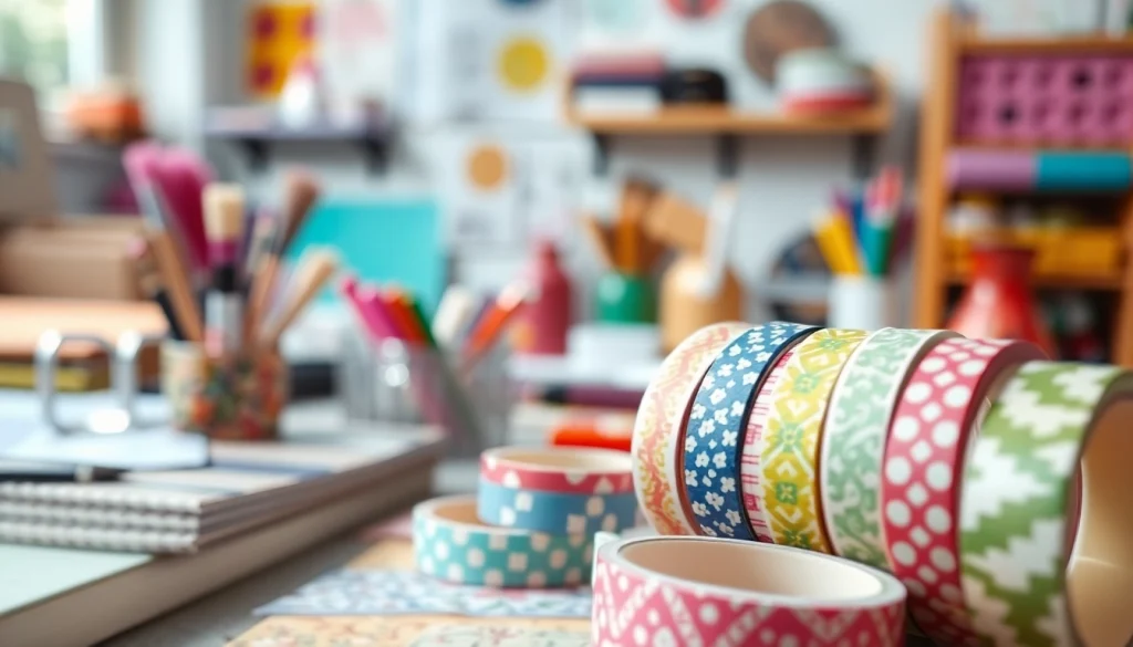 Apply vibrant washi tape rolls artistically arranged in a creative workspace.