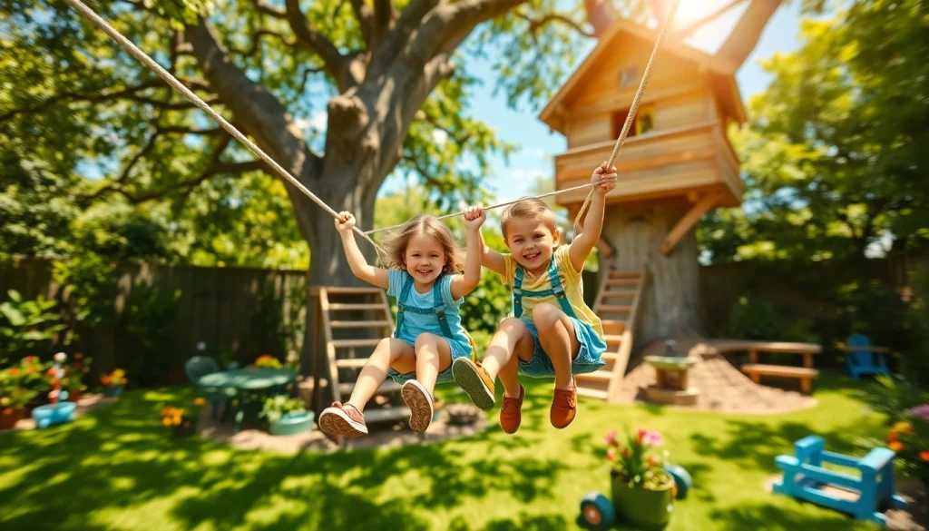 Children enjoying a thrilling ride on the GARDEN ZIP WIRE KIT in a vibrant backyard.