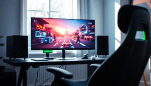 Menampilkan gamer terampil yang bermain game online dalam pengaturan modern dan nyaman.