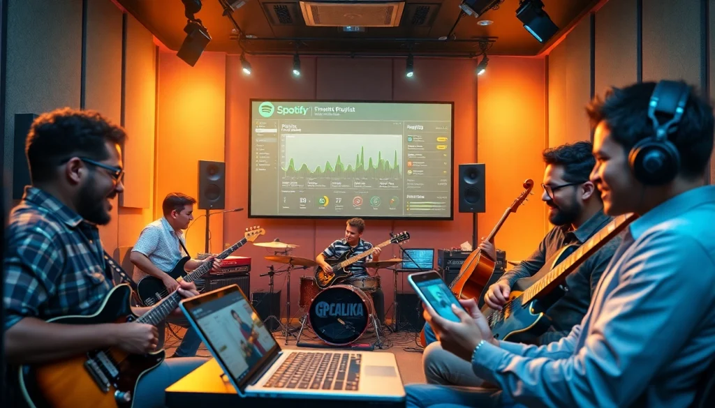 Engaging musicians use Spotify for effective promotion strategies in a dynamic studio setting.