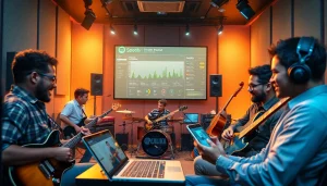 Engaging musicians use Spotify for effective promotion strategies in a dynamic studio setting.