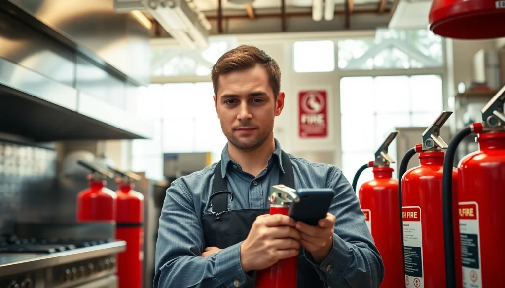 Technician engaged in fire extinguisher service inspection in a commercial kitchen setting